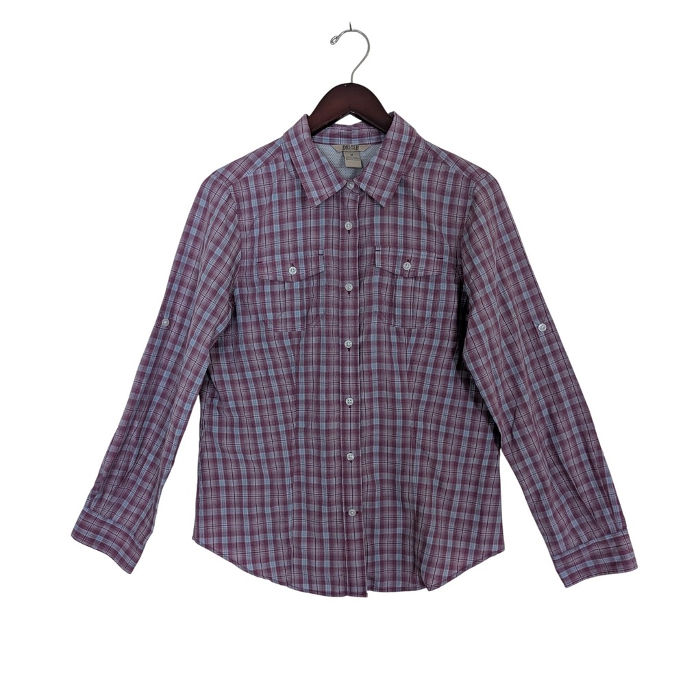 Duluth Trading Co Womens Plaid Roll Tab Sleeve Fishing Shirt Purple Blue Medium
